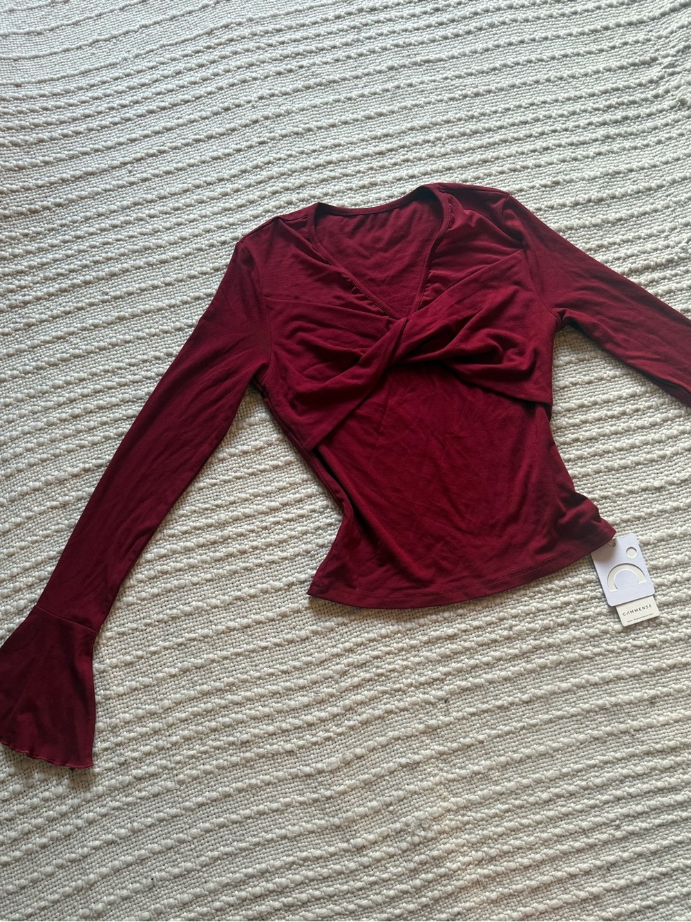 Commense Twist-Front Long-Sleeve Top in Burgundy